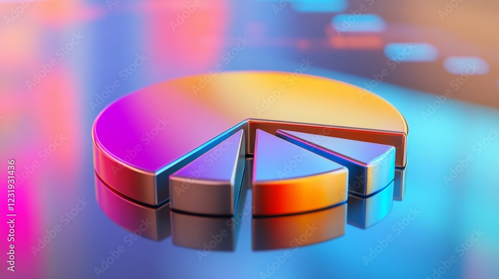 Poster a dynamic d pie chart with metallic segments, arranged on a reflective surface, representing financi