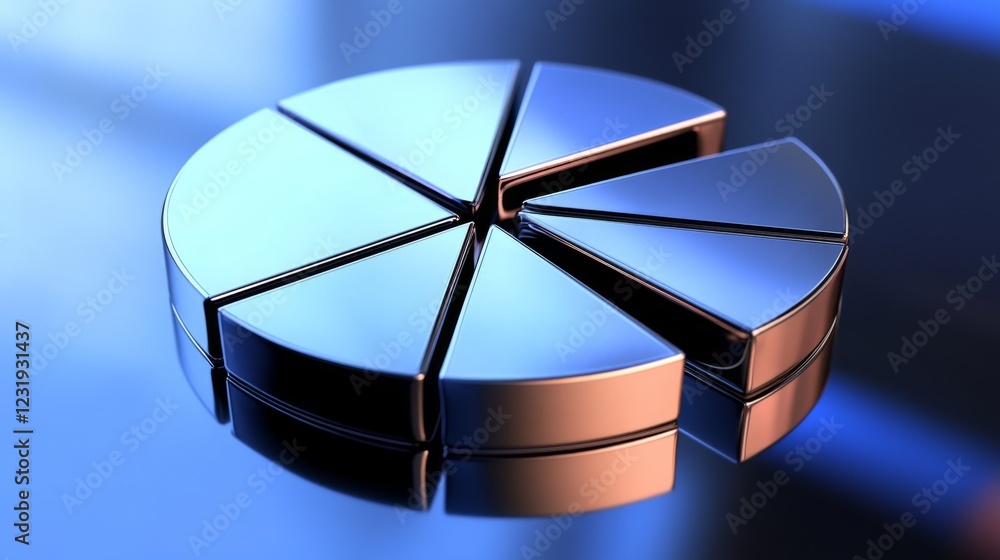 Poster a dynamic d pie chart with metallic segments, arranged on a reflective surface, representing financi