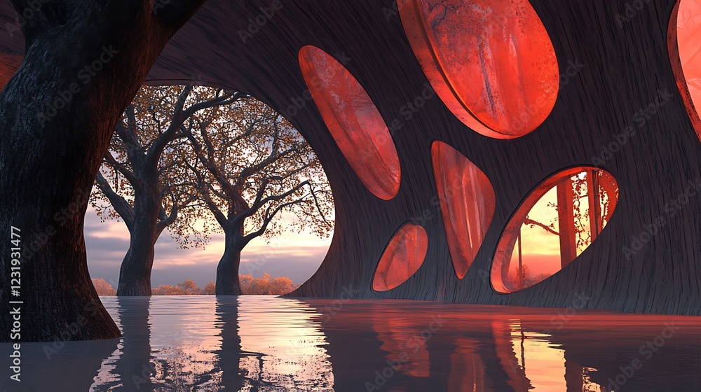 Aufkleber surreal sunset view from a biomorphic structure with water reflection