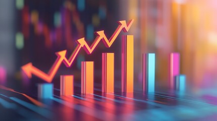 A dynamic D bar graph with arrows pointing upward, set against a gradient background, symbolizing data trends, economic growth, and financial success.