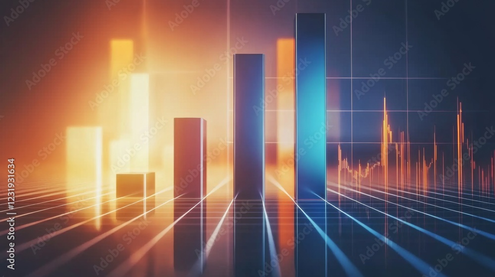 Poster a dynamic bar graph with tall, shiny bars in blue and orange, standing on a reflective grid, symboli