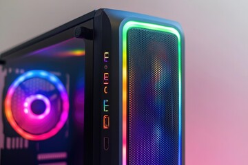 A close-up view of a computer case with vibrant LED lights, suitable for tech-related concepts or futuristic designs