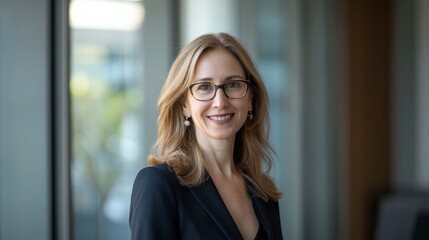 Professional Woman in Business Attire Smiling in Modern Office
