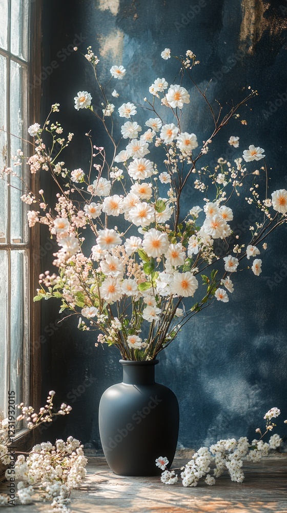 Poster Light filters softly through a window, illuminating a striking assembly of fresh flowers arranged beautifully atop a matte navy podium, creating a tranquil ambiance in the room