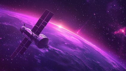 Satellite orbiting Earth: purple cosmic sunrise, meteors streak past.