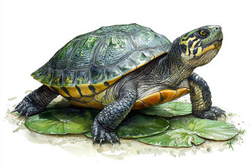 Fototapeta premium Striking illustration of a turtle resting on lily pads.