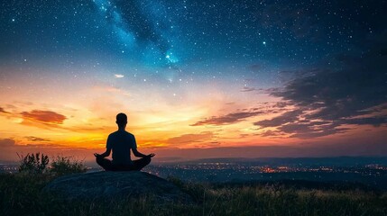 Cosmic Meditation at Dusk with Starry Sky and Peaceful Landscape