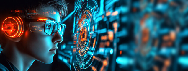 A young student engaged in AI education, learning to code in a modern classroom setting. future learning, STEM education, and innovation in schools