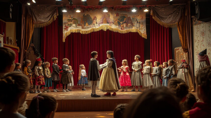 Fototapeta premium Kids on theatre stage, little children actors playing fairy tale concert with knight and princess characters on school scene with red curtains, illumination and scenery, Cartoon vector illustration