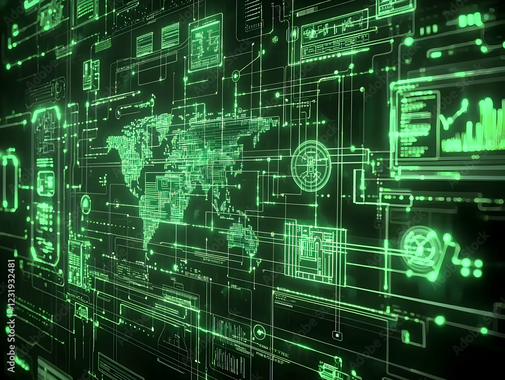Aufkleber global network data flow, digital world map, tech background