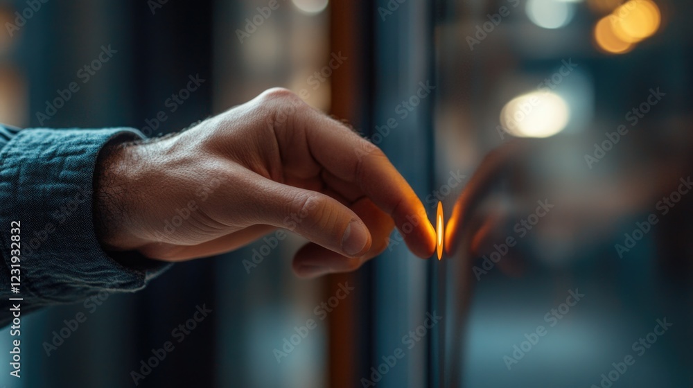 Poster a person holding a lit matchstick in front of a window, creating a warm glow