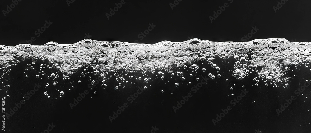 Poster dynamic water and air bubbles rising against a dark background creating a vivid texture