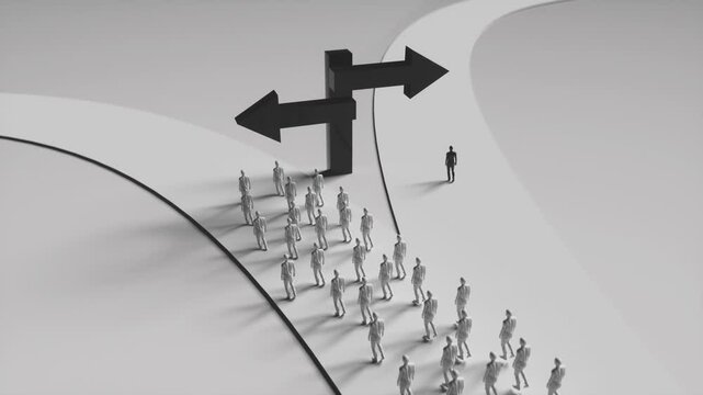 Group of People Walking in One Direction While Lone Figure Stands at Crossroads, Symbolizing Choice and Individuality in Monochromatic Scene with Figures Walking Towards Fork in Road