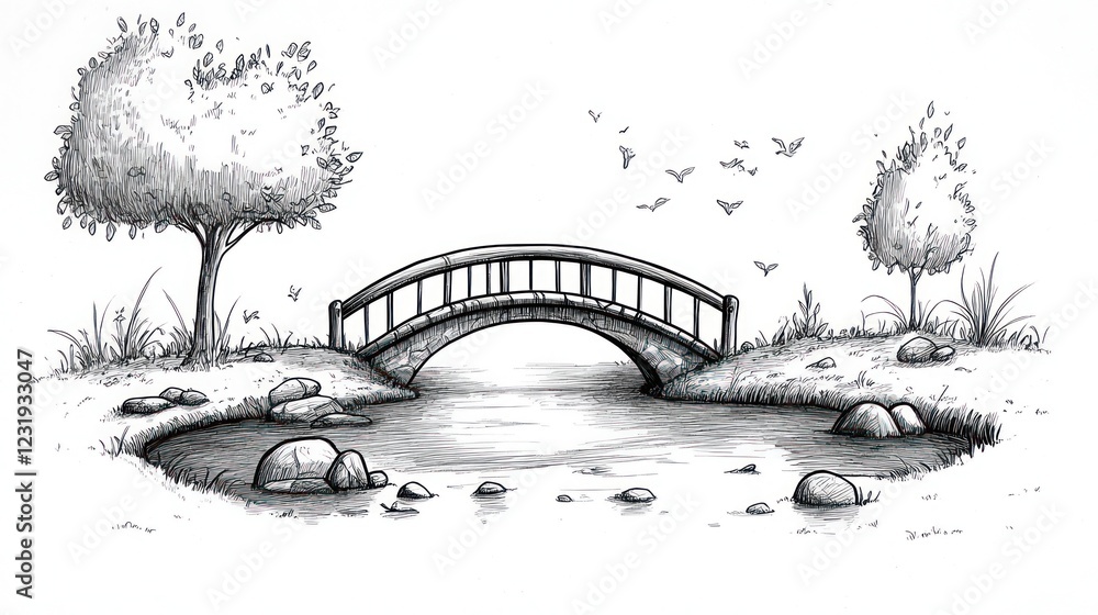 Poster hand-drawn illustration of a small arched bridge over a stream with two trees on either side and bir
