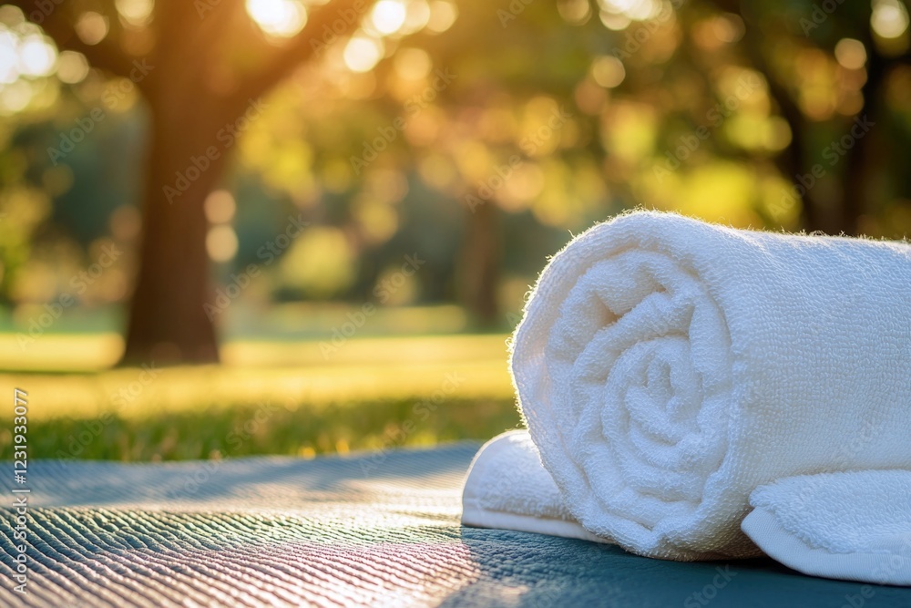Poster a simple rolled up towel sits on top of a table, ready for use