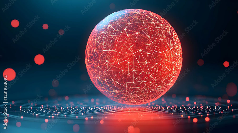 Poster red network sphere, digital tech, dark background, data visualization, website header