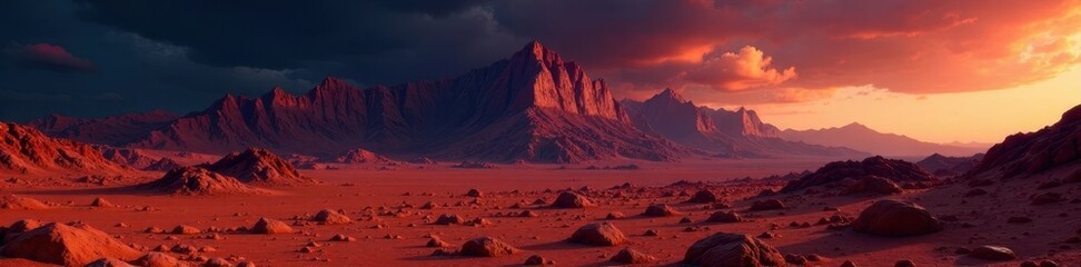 Naklejka premium Majestic crimson mountain range against a dark sky, geology, sky, Mars landscape