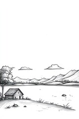 Hand-drawn illustration of a small cabin by a lake in a mountainous landscape with a tree and some clouds in the sky.