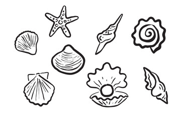 set of black and white vector whimsical seashells and starfish isolated on transparent background. ocean vibe underwater hand drawn collection of illustrations. sea shells clip art for party wedding