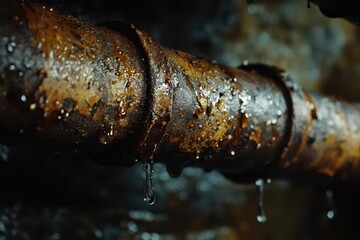 Fototapeta premium a corroded copper pipe joint actively leaking in a dimly lit basement, water droplets catching light, dramatic close-up with rust patina and condensation