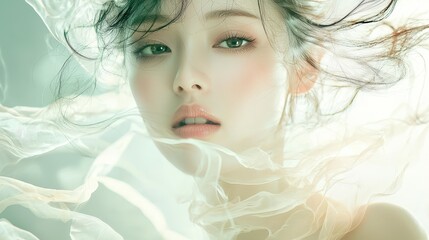 Ethereal Portrait of a Woman with Flowing Hair and Soft Light