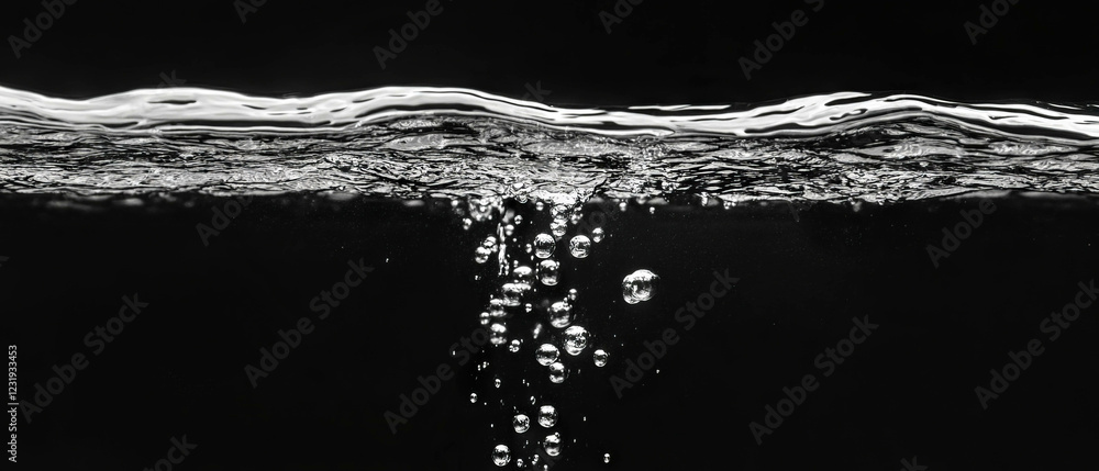 Poster bubbles rising in clear liquid creating a mesmerizing overlay texture against black background