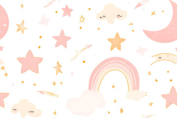 Fototapeta premium Playful planetary pattern with orbiting moons and shooting stars