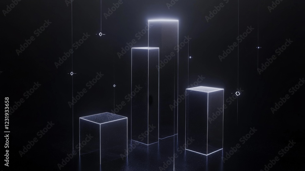 Poster a financial bar chart with translucent bars in ascending order, placed on a dark, sleek background w