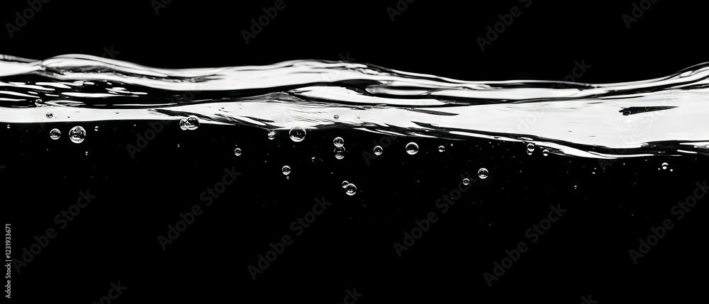 Poster bubbles floating in clear water above a black background create a stunning visual effect