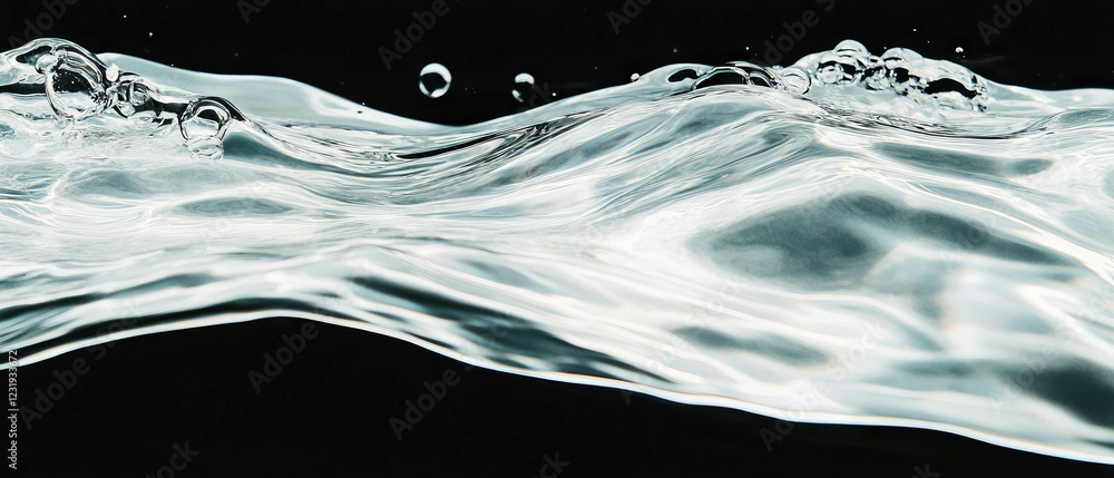 Poster bubbles in clear liquid create a mesmerizing texture against a black background