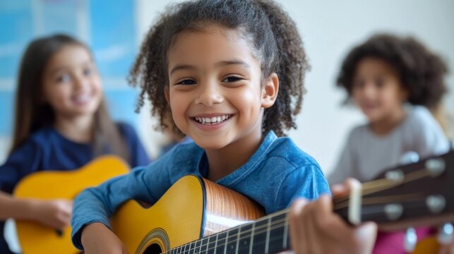 Children enjoy guitar lessons in a bright classroom while engaging in music together
