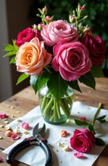 a bouquet of roses in a vase on the table