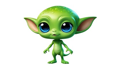 Fototapeta premium Adorable 3D rendered green alien creature with big eyes, perfect for children's books, cartoons, or game assets.