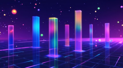 Fototapeta premium A financial bar chart with translucent bars in ascending order, placed on a dark, sleek background with glowing data points floating around