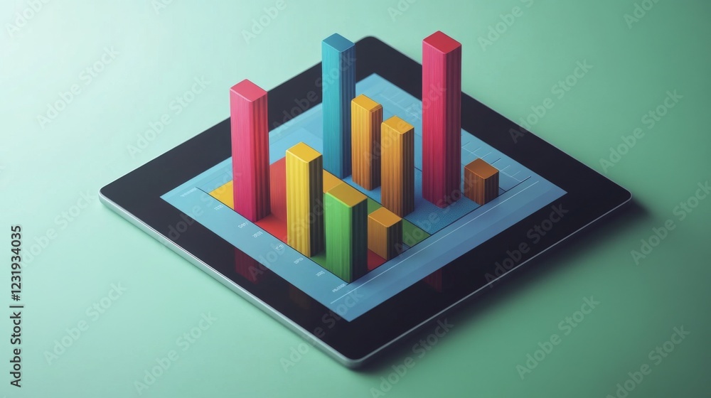Aufkleber A flat lay of a digital tablet showing a D bar graph, with bars popping out of the screen, symbolizing interactive data analysis in a modern business setting.