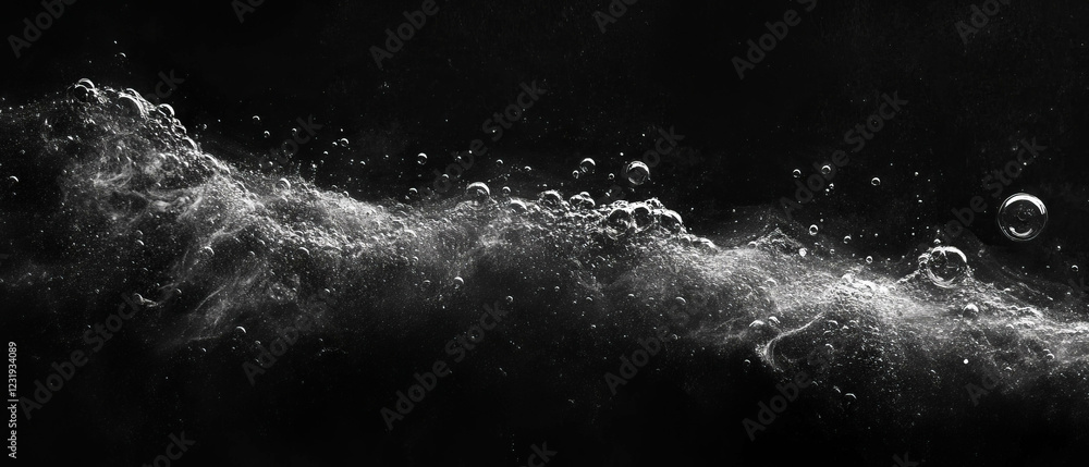 Poster dynamic water bubbles overlay texture against a black background with varying sizes and patterns