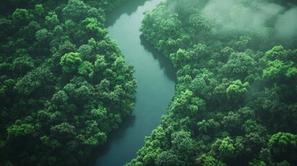 Obraz premium Lush green jungle surrounding a winding river in a tranquil natural setting at dawn