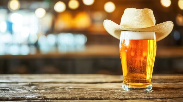 A frosty beer glass topped with a cowboy hat, set against a warm, inviting background with bokeh lights, creating a fun and rustic atmosphere.