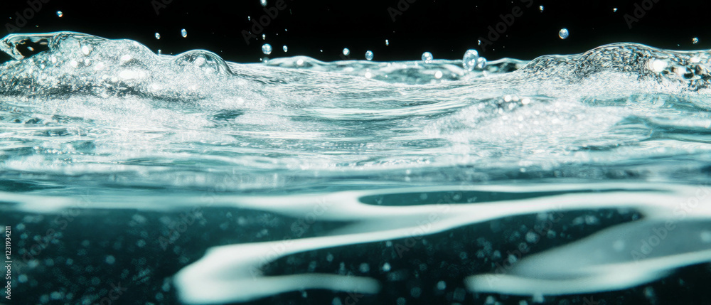 Poster dynamic water bubbles with transient effects and movement in black background overlay