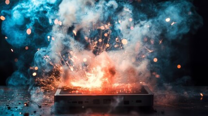 Sparks and smoke erupt from a device during a dramatic experiment in a dark setting