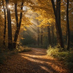 A tranquil forest path illuminated by golden autumn sunlight, with leaves gently falling in the breeze.