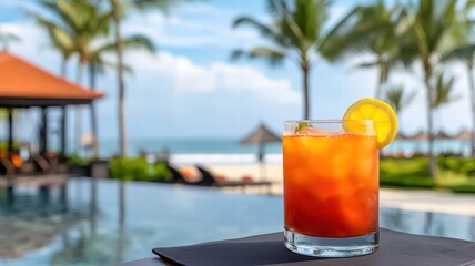 A vibrant cocktail sits on a table by the pool, framed by palm trees and a serene beach backdrop, evoking relaxation and vacation vibes.