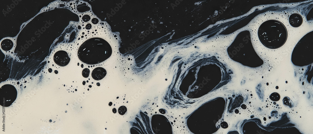 Poster bubbles floating in soapy water create a captivating foamy texture against a black background