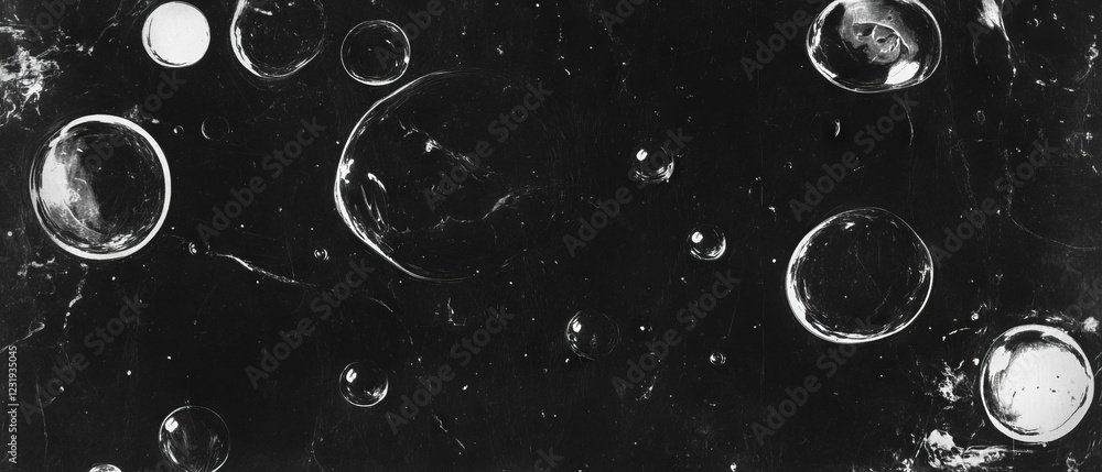 Poster water bubbles create a geometric pattern on a black background with circular shapes