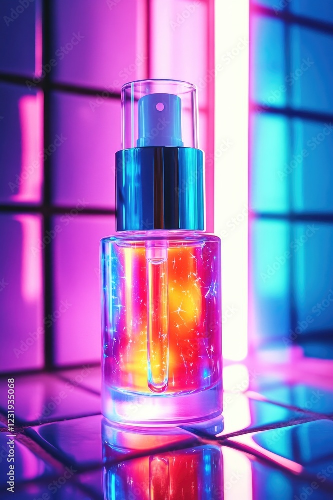Poster a bottle of liquid sits on top of a counter with a simple background