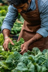 Fototapeta premium A person in an apron harvesting lettuce from a garden bed