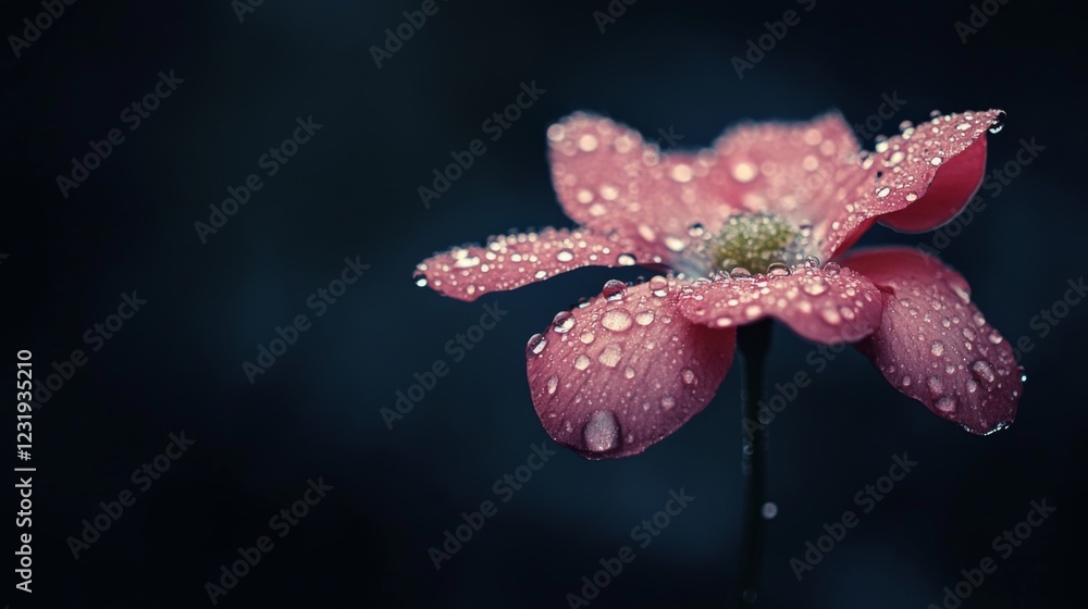 Poster a flower with dew drops on its petals against a dark background, with the droplets reflecting light 