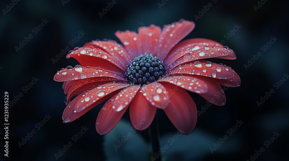 Poster a flower with dew drops on its petals against a dark background, with the droplets reflecting light 