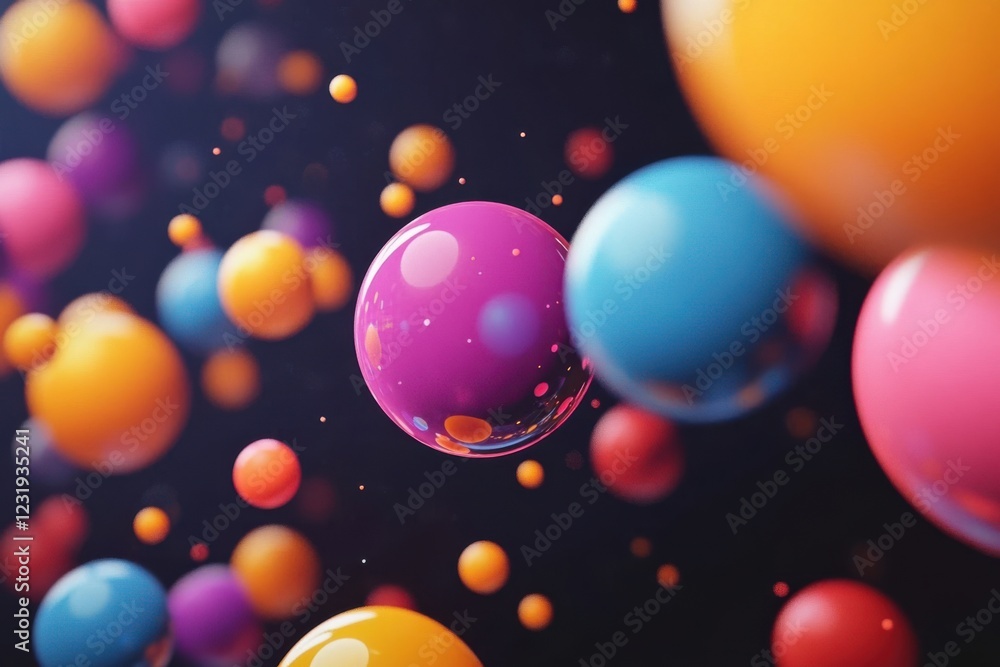 Poster vibrant floating bubbles on dark background, mesmerizing motion graphics for creative projects and p