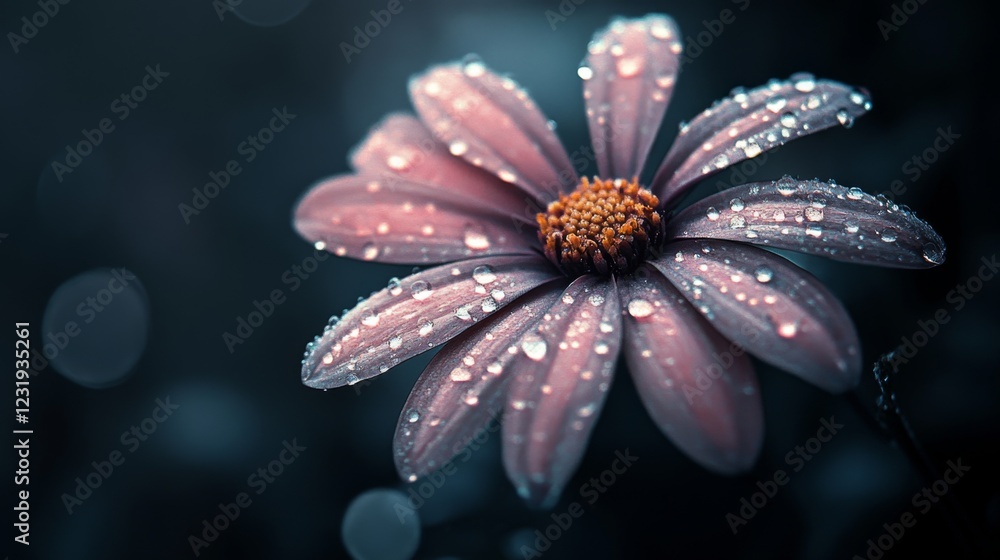 Aufkleber A flower with dew drops on its petals against a dark background, with the droplets reflecting light and adding a sense of depth and richness to the image.